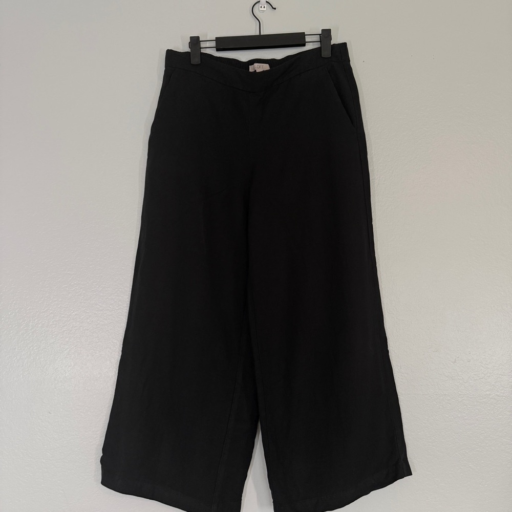 LOFT  Black Linen Blend Mid Rise Wide Leg Pull On Pants Women S - Picture 2 of 7